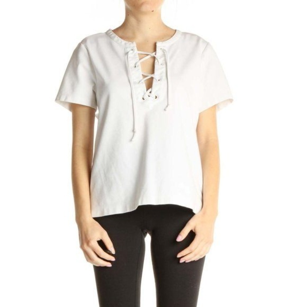 J.Crew Lace Up Tee Medium White Cotton Blend Nautical Coastal Minimalist‎ Top